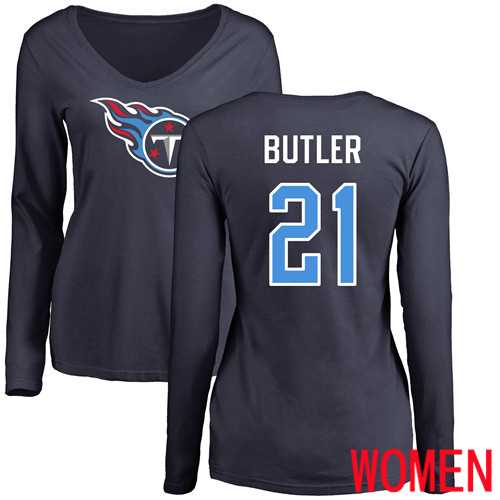 Tennessee Titans Navy Blue Women Malcolm Butler Name and Number Logo NFL Football #21 Long Sleeve T Shirt->nfl t-shirts->Sports Accessory